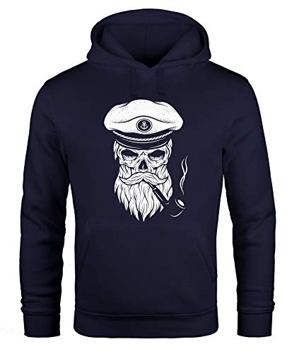 Neverless Hoodie Herren Sweatshirt Totenkopf Kapitän Captain Skull Bard Hipster Original Spirit Seemann Navy M