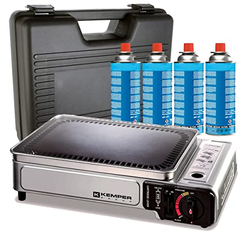 Kemper Gas-Plancha, tragbar, 2300 W, Antihaftplatte + 4 Gaskartuschen für Camping + Transportkoffer