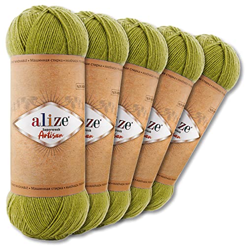 Wohnkult Alize 5 x 100 g Superwash Artisan Sockenwolle Premium 16 Auswahl Kontrast Häkeln Stricken (11 | Hellgrün)