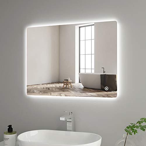 Heilmetz® Badspiegel mit Beleuchtung 80x60 cm Badezimmerspiegel LED Badspiegel Wandspiegel mit Touch-Schalte + 3 Lichtfarbe IP44 Rechteck Badezimmer Spiegel