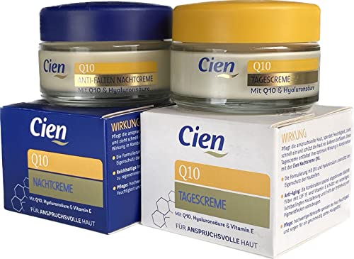 Cien 2er-Set Anti-Falten-Gesichtspflege: Q10 TAGESCREME mit LSF 15 für anspruchsvolle Haut (50 ml) + Q10 NACHTCREME mit Hyaluronsäure & Vitamin E (50 ml), 100 ml