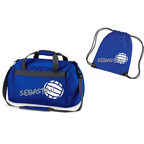 Sporttasche mit Namen Bedruckt für Kinder | Personalisierbar mit Motiv Volleyball | Reisetasche Duffle Bag für Mädchen und Jungen (Royalblau INKL. passender Turnbeutel)