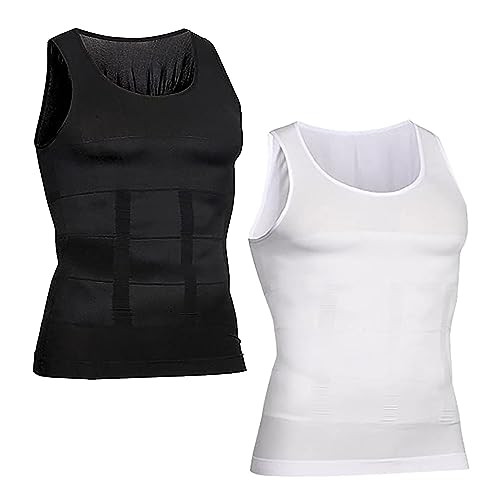 Shaperluv Male Shaper Tank, Mens Slimming Vest Body Shaper,Fat Compression Shirt,Mens Body Shaper T Shirt (XL,Black+White)