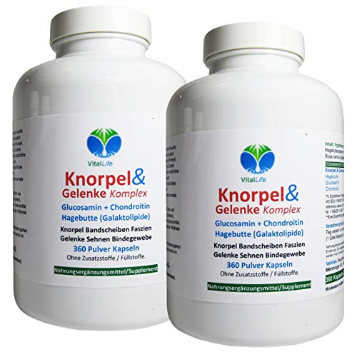 KNORPEL & GELENKE - Glucosamin + Chondroitin + Hagebutte KOMPLEX - 720 (2x360) KAPSELN Gelenkbausteine UND natürliche GELENKVITAMINE ohne ZUSATZSTOFFE. 26995-6