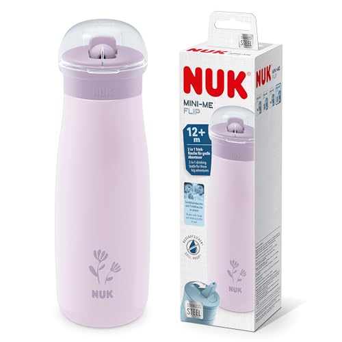 NUK Mini-Me Flip Trinkflasche aus Edelstahl | mit nicht zerbeißbarem Trinkaufsatz | auslaufsicher | 500 ml | ab 12 Monaten | BPA frei | 1 Stück | lila