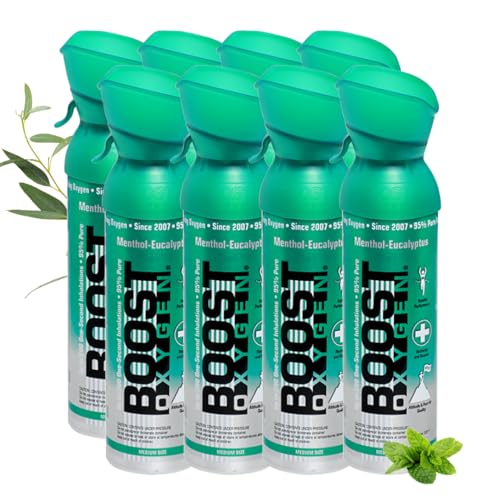 Pure Sauerstoff in einer Flasche – Menthol-Eukalyptus, 8 tragbare Flaschen je 5L mit insgesamt 40L 95% Sauerstoff für mehr als 800-mal einatmen