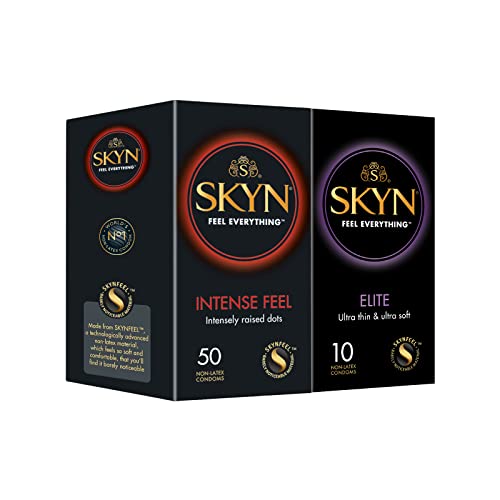 SKYN Intense Feel Kondome (50 Stück) & Elite Kondome (10 Stück) Skynfeel Latexfreie Kondome, Starken Noppen, verwendbar mit unsere Lubes