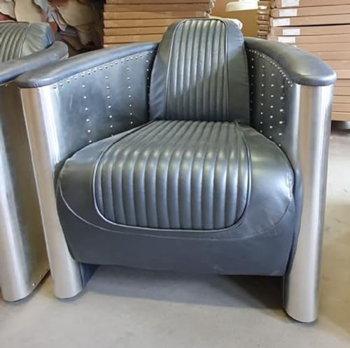 Casa Padrino Luxus Art Deco Leder Sessel Grau/Silber 69 x 70 x H. 82 cm - Aluminium Wohnzimmer Sessel mit hochwertigem Echtleder - Flugzeug Flieger Echtleder Möbel - Luxus Möbel