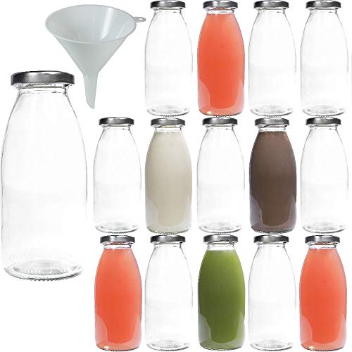 Viva Haushaltswaren - 15 x Glasflasche 250 ml mit silberfarbenem Schraubverschluss, als Milchflasche, Saftflasche & Smoothieflasche verwendbar (inkl. Trichter Ø 12 cm)