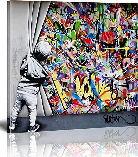 Banksy Bilder-Leinwand hinter dem Vorhang-Straße Graffiti-Kunst-Leinwand-Bilder sind auf Leinwand gedruckt Wand-Kunstdruck Wohnzimmer-Wand-Dekor 40x40cm/16x16inch…