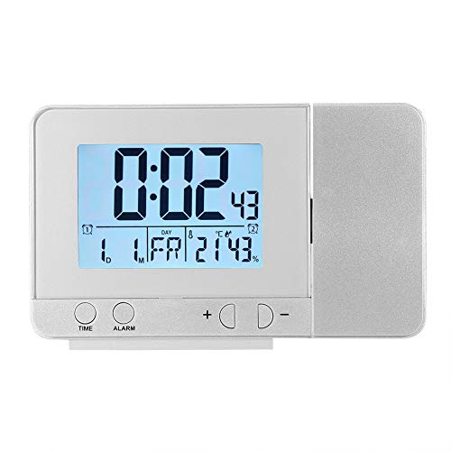 Projektion Digitaler Wecker LED Multifunktionszeit Datum Woche Temperatur USB-Anschluss Laden Innen Schlafzimmer Büro (Silber)