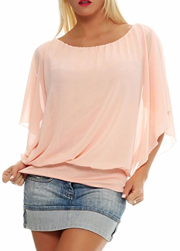 Damen Bluse im Fledermaus Look | Tunika mit Rundhals und breitem Bund | Blusenshirt Kurzarm | Elegant - Shirt 6296 (rosa)