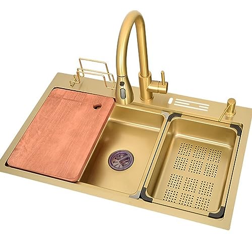 0XBIT Küchenspüle Wasserhahn, Goldene Küchenspüle 304 Edelstahl Spülbecken Große Einzelbeckenspüle Goldener Ausziehbarer Wasserhahn inklusive Zubehör (Größe: 75 x 46 x 20 cm)