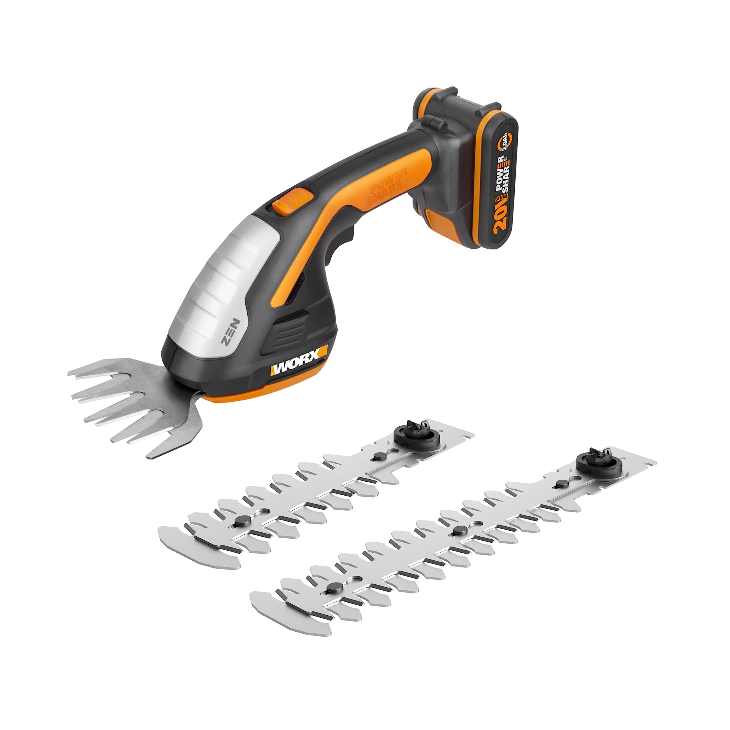 WORX WG801E - Akku Gras- und Strauchschere 20V PowerShare, 3-in-1 Schere mit verschiedenen Messer Aufsätzen – 20 cm Schere, 12 cm Strauchtrimmer, 10 cm Grasmesser – inkl. 2Ah Akku & Ladegerät