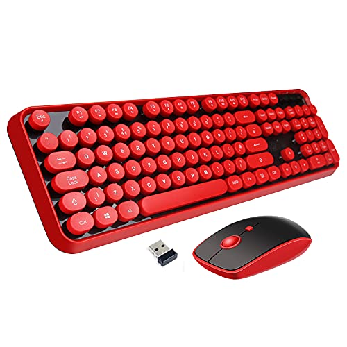 Letton Kabellose Tastatur-Maus-Kombination, 2,4 GHz Schreibmaschinentastatur, volle Größe, Bürocomputer Retro-Tastatur und niedliche Maus mit 3 dpi, für Mac, PC, Desktop, Laptop, rot