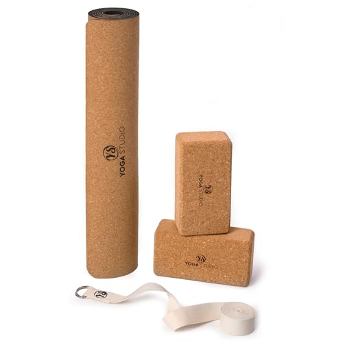 Yoga Studio Eco Starter Cork Yoga Set - Cork Yoga Matte, 2 x Cork Yoga Bricks (Blocks), D-Ring Strap Yoga Kit