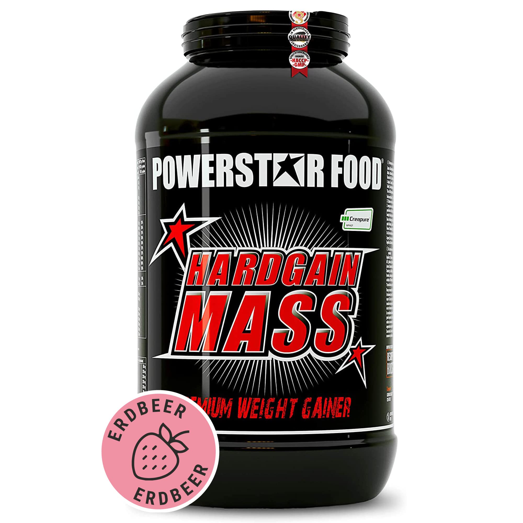 Powerstar HARDGAIN MASS 3600g | WEIGHT GAINER mit Kreatin & ohne Zucker-Zusatz | Masse, Kraft & schneller Muskelaufbau | Deutsche Herstellung | Mass Gainer Shake zum Zunehmen | Strawberry