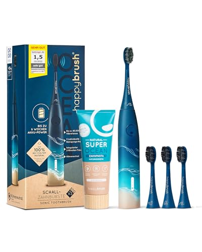 happybrush® Elektrische Schall-Zahnbürste Eco VIBE 3 Ocean - Nachhaltige Zahnbürste mit 6 Wochen Power-Akku inkl. 3 Aufsteckbürsten und Zahnpasta - Blau