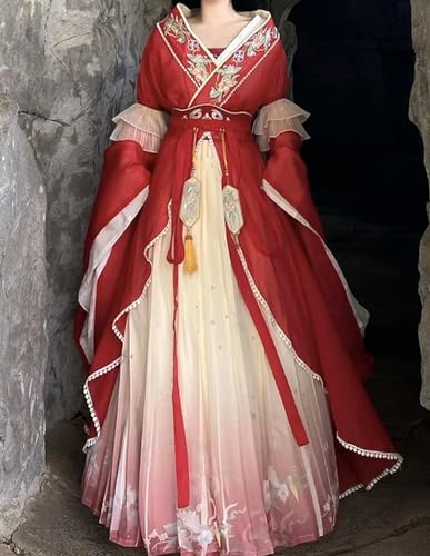 AJOHBM Traditionelles Kleid für Damen, antikes chinesisches Hanfu-Outfit, Cosplay, Kostüm, Party, Show, Hanfu, Violett und Rot, 9-teilig