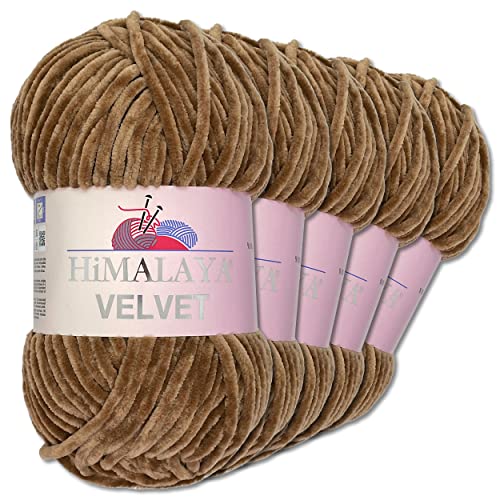 Wohnkult Himalaya 5 x 100 g Velvet Dolphin Wolle 40 Farben zur Auswahl Chenille Strickgarn Glanz Flauschgarn Accessoire Kleidung (90037 | Braun)