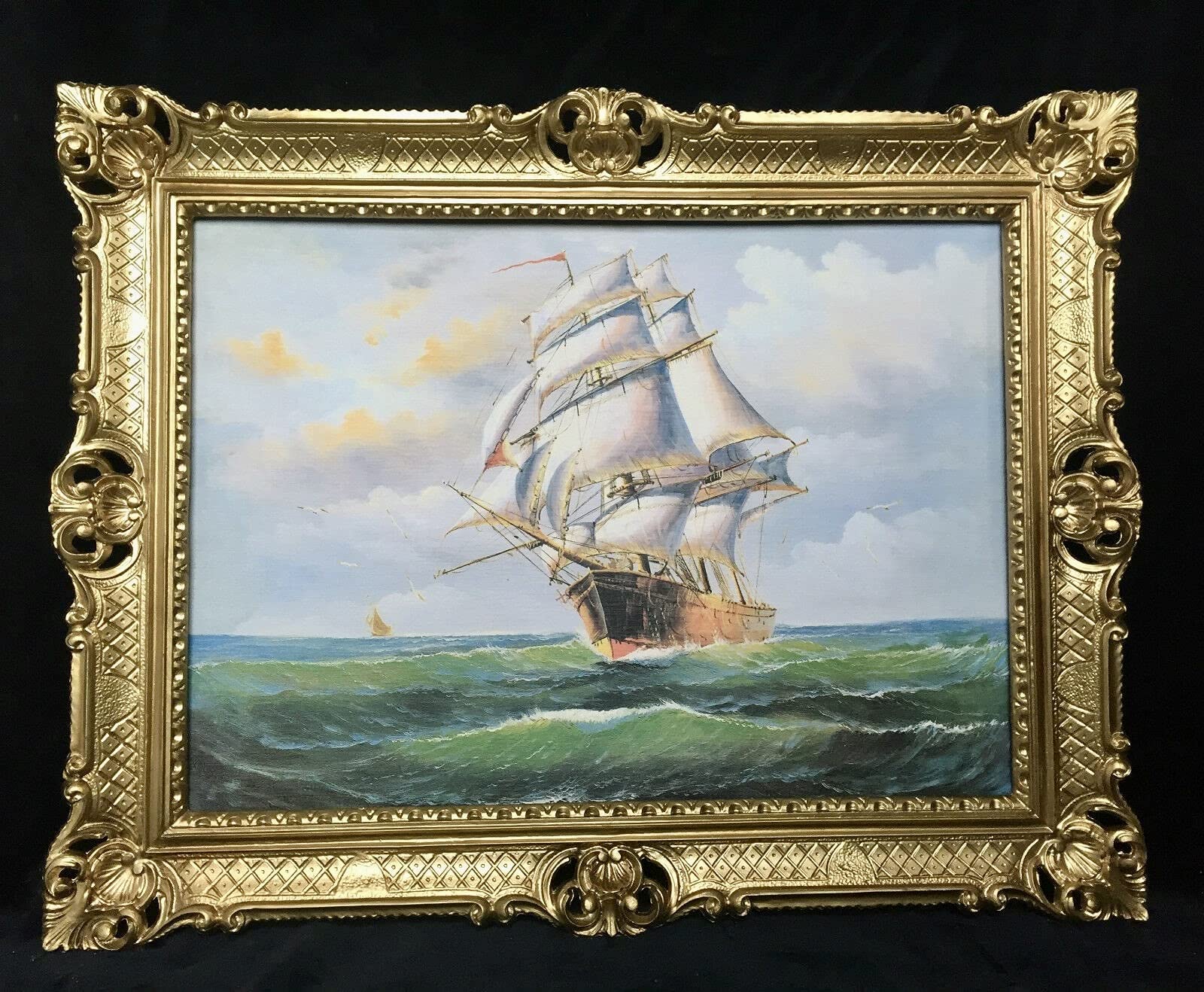 Wandbild Bild mit Rahmen Gold Gemälde Schiffe Segelschiff 90x70 cm Kunstdruck in Barock Rahmen Seefahrt in Sturm Seestück Maritime