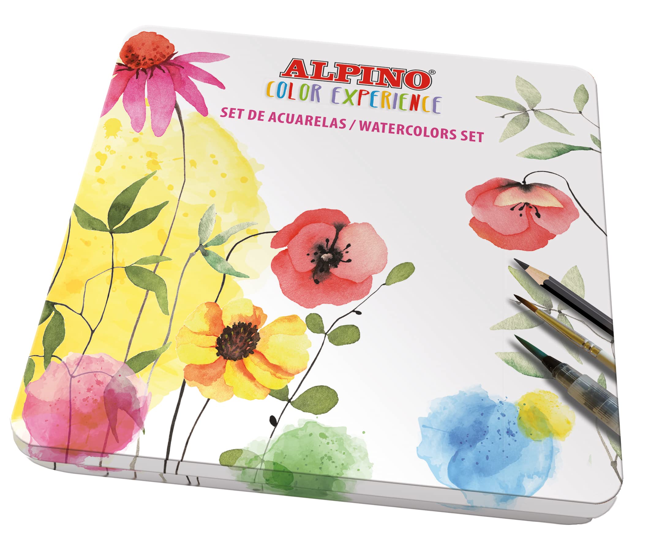 Alpino Set mit 36 Color Experience Aquarellfarben | 36 farbige Aquarelle | beinhaltet Pinsel und Schwamm, Graphitstift, Radiergummi, Spitzer und ein Set Aquarellpapier | Schachtel mit Aquarellfarben
