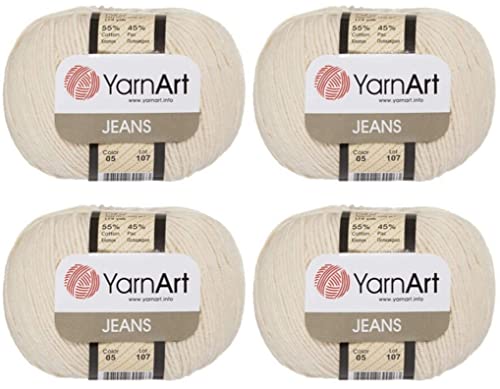 YarnArt Jeans mit 4 Knäueln, 55 % Baumwolle, 45 % Acrylgarn, Mischfaden, Häkeln, Handstrickkunst, 4 Stück, 200 g, 696 Yds (5-hellbeige)