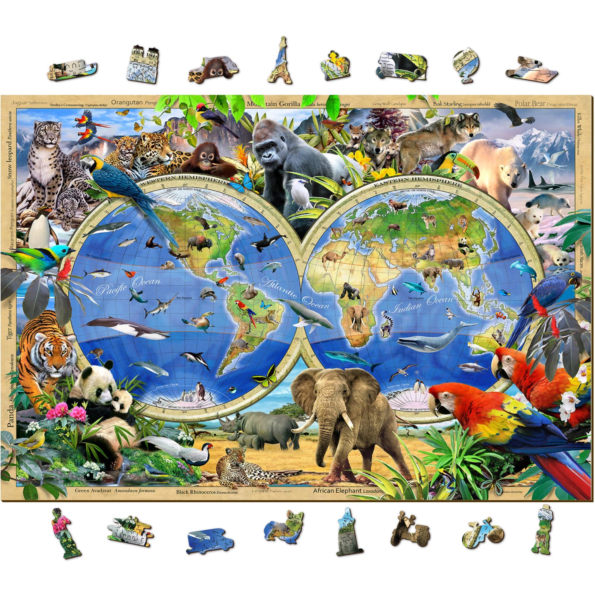 WOODEN.CITY Holzpuzzle 1000 Teile: Karte des Tierreichs von Howard Robinson - Perfektes Partner Geschenke oder Geschenke für Frauen - 51,9 x 37,5 cm - Hobby für Erwachsene und Kinder