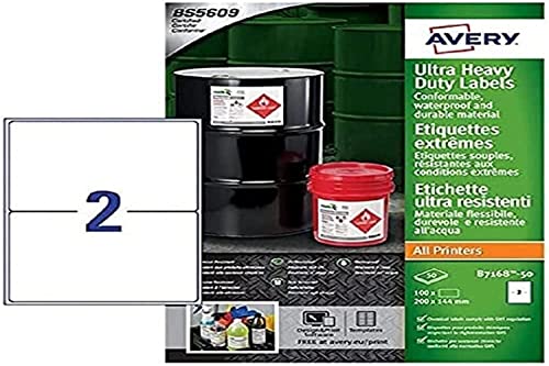 Avery b7168–50 A4 Ultra robuste Wasserdicht GHS Etiketten, bs5609 zertifiziert, für alle Drucker, 144 x 200 mm – weiß