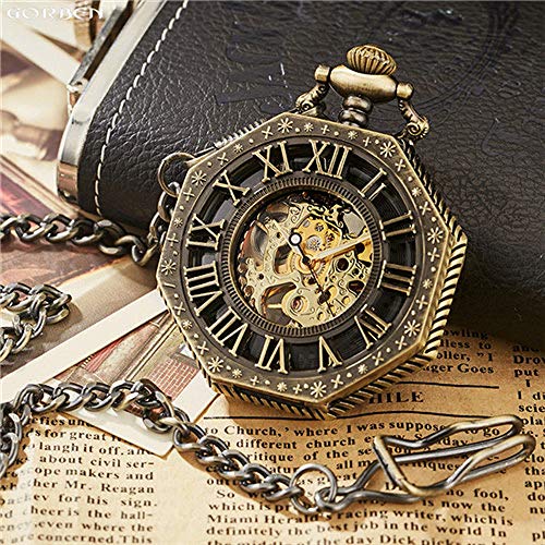ROLTIN Hohle sechseckige mechanische Taschenuhr römische Ziffern FOB Kette Halskette Steampunk Vollstahl Handaufzug Taschenuhren Geschenk