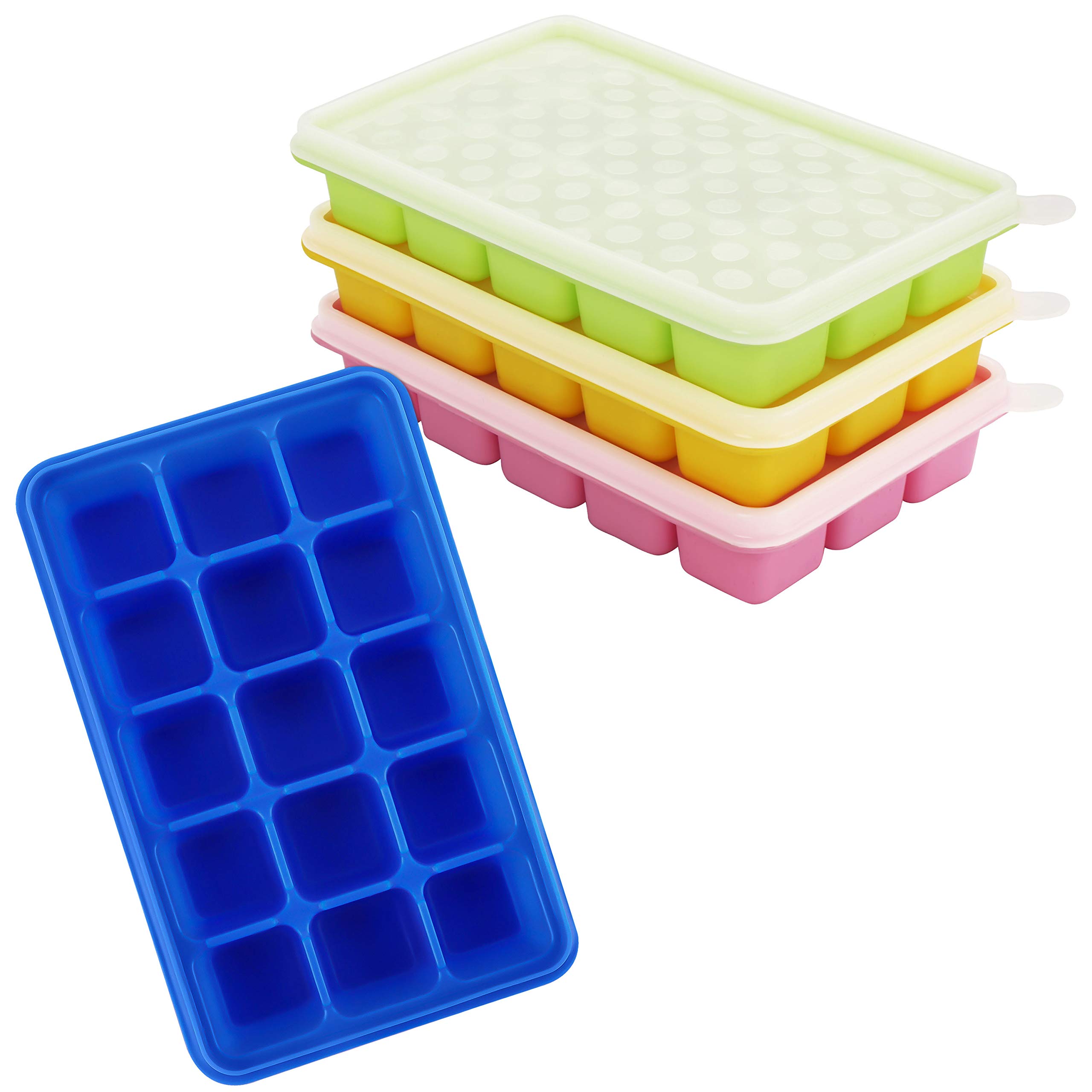 Kurtzy 4Stk Eiswürfelbehälter mit Deckel Transparent - Flexible Eiswürfelform Silikon, Eiswürfelbox für 60 Eiswürfel – Eiswürfelbereiter Form Stapelbar für Babynahrung, EIS, Getränke – BPA frei