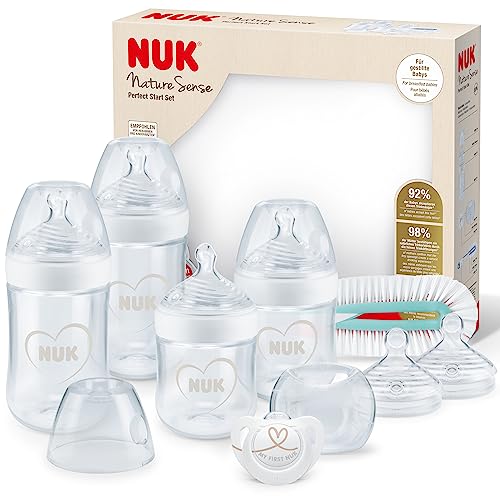 NUK 10225217 Nature Sense Perfect Start Babyflaschen Set, 4x Nature Sense Babyflasche, 2x Silikon Trinksauger, 1x Flaschenbürste, 1x Genius Silikon Schnuller, 0-6 Monate, BPA-frei, beige, 558 g
