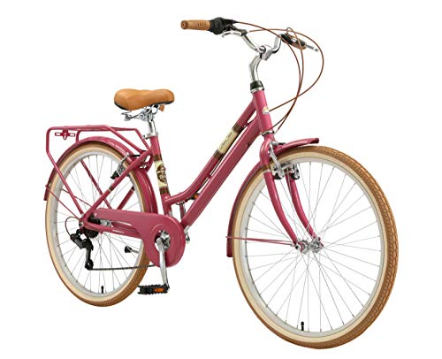 BIKESTAR Alu City Stadt Fahrrad 26 Zoll | 16 Zoll Rahmen, 7 Gang Shimano Damen Rad, Hollandrad Retro Bike mit V-Bremse und Gepäckträger | Berry | Risikofrei Testen