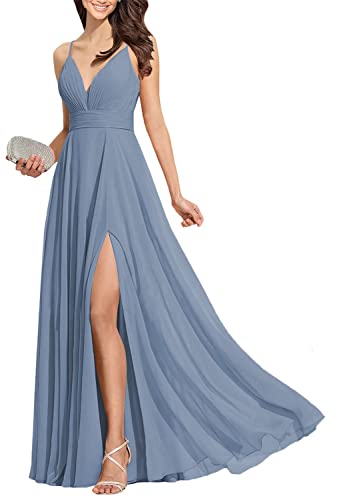 Brautjungfernkleider aus Chiffon mit Spaghettiträgern, formelles Abendkleid mit Schlitz für Damen, slate blue, 52