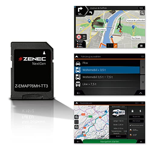 ZENEC Z-EMAP76MH-TT3 – Micro SDHC-Karte mit Reisemobil Navigation für ZENEC Infotainer Z-E3776 und Z-N976, 3-D Karten für Europa, Camping P.O.I. für Wohnmobile, TMC