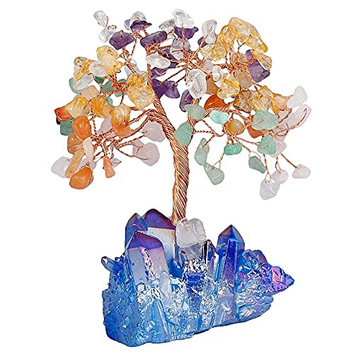 Bunter Kristall-Geldbaum, blaue Aura-Titan-beschichtete Quarzcluster-Basis-Bonsai-Dekoration für Reichtum und Glück