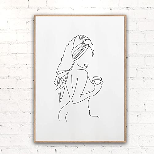 Line Art Poster Prints Woman and A Glass of Wine Canvas Painting Abstract Minimalist Wall Art Nordic Living Room Decor 50x70cm Frameless