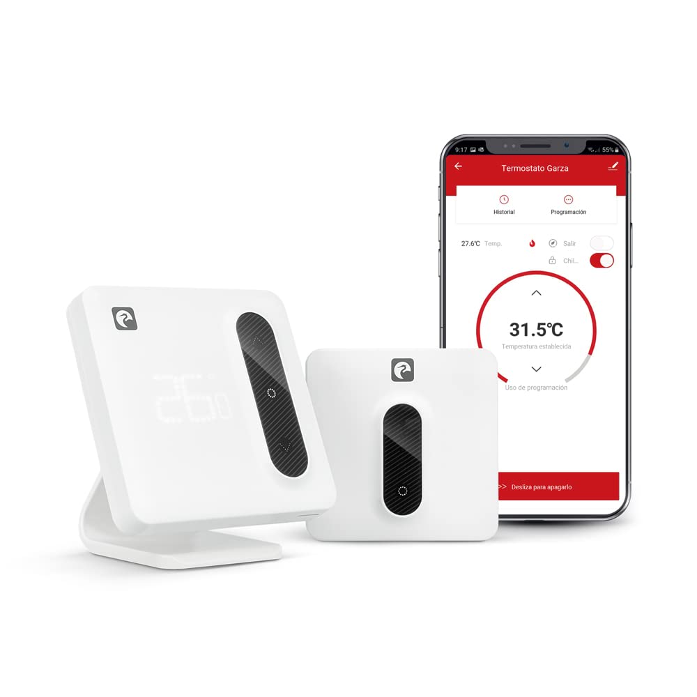 Garza Smart WiFi-Thermostat für Kessel und kabellose Heizung, kompatibel mit Alexa/Google, programmierbar, Verbrauchsmessgerät, Touch- und App-Steuerung, Erkennung offener Fenster