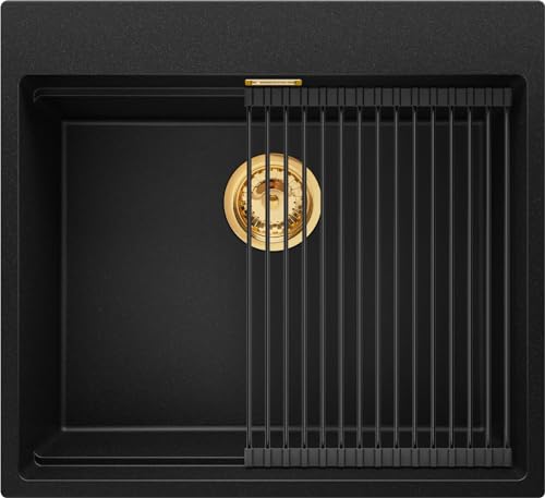 Spülbecken Schwarz 58x53 cm, Granitspüle + Ablauf-Set mit Goldenem Siphon, Küchenspüle für 60er Unterschrank, Einbauspüle von Primagran