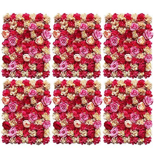 6PCS Künstliche Blumenwand Rosenwand Hintergrund Bühne Deko Hochzeitsfotografie künstliche Rose Wandpaneel für Hochzeit (Rot)