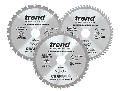 Trend CSB/190/3PK Craft Pro TCT Kreissägeblätter, Wolframkarbid-bestückt, 190 mm x 24, 40 und 60 Zähne x 30 Bohrung