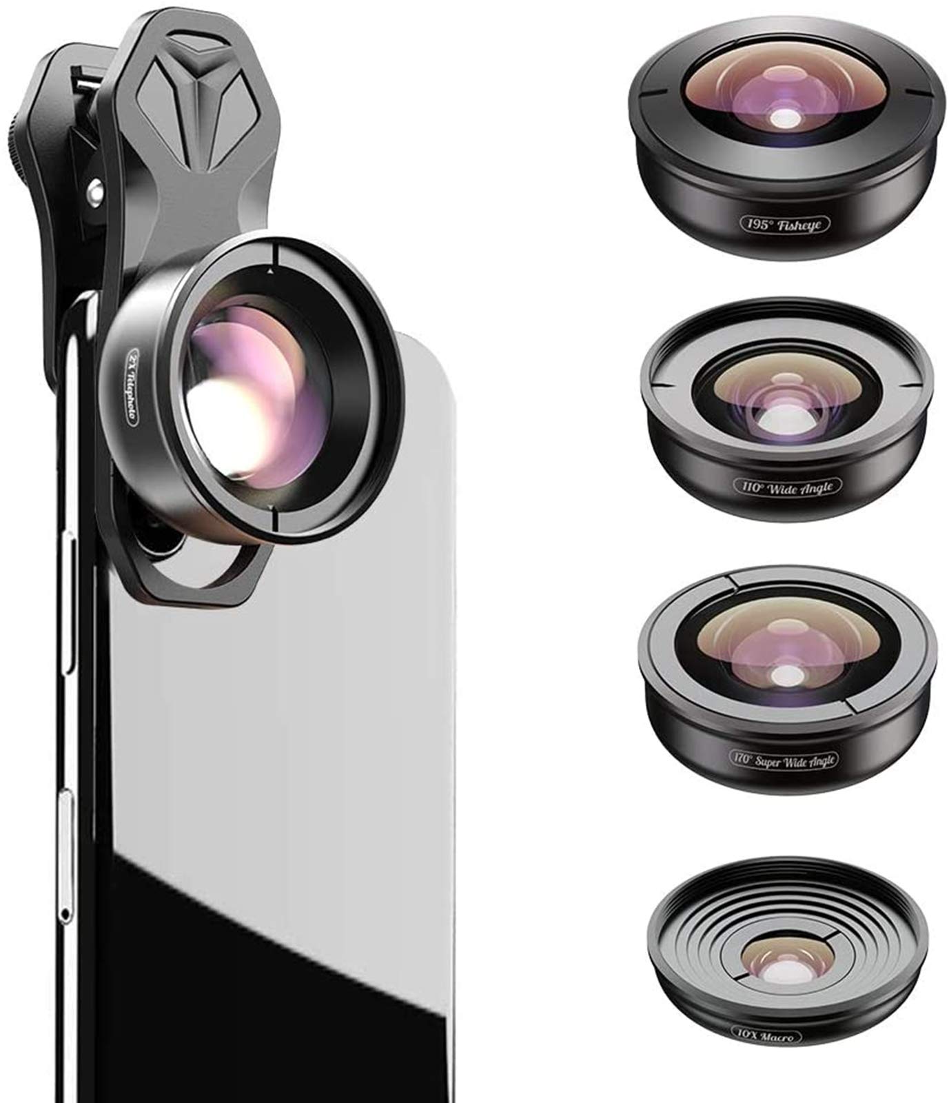 YIDOBLO 5-in-1 Handy-Kamera-Objektiv-Set: 2 x Teleobjektiv + 195 Fischaugen + 110 Weitwinkel + 10 x Marco + 170 Super-Weitwinkel für iPhone, Samsung usw