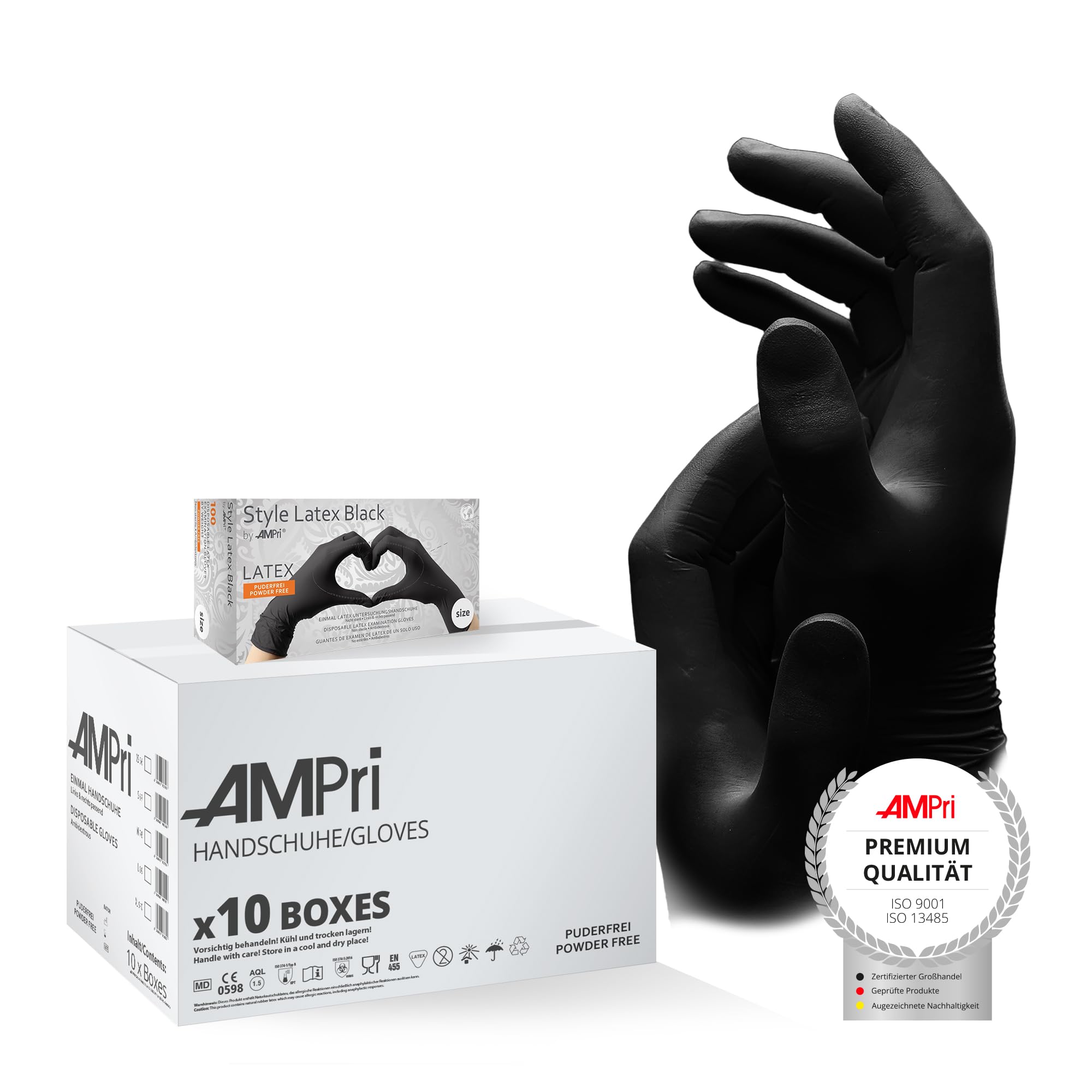 AMPri Latexhandschuhe, schwarz, 10 Box a 100 Stk, Größe L, puderfrei, Style Latex Black: Latex Einweghandschuhe in den Größen XS, S, M, L, XL