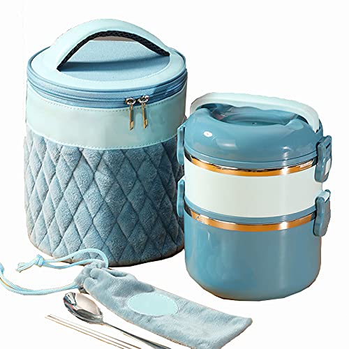 2 Ebenen Bento Box Lunchbox,Auslaufsichere Thermobehälter Lunchbox für Erwachsene,Stapelbare Speisegefäß für Essen für Schule Arbeit Picknick,mit Löffel Essstäbchen und Lunchtasche,Blau