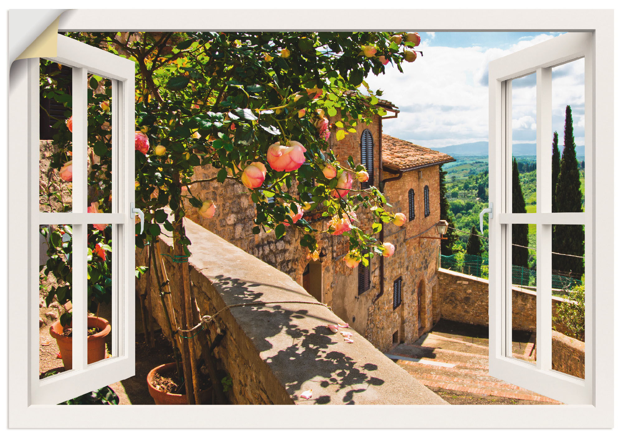 Artland Wandbild "Fensterblick Rosen auf Balkon Toskana", Garten, (1 St.)