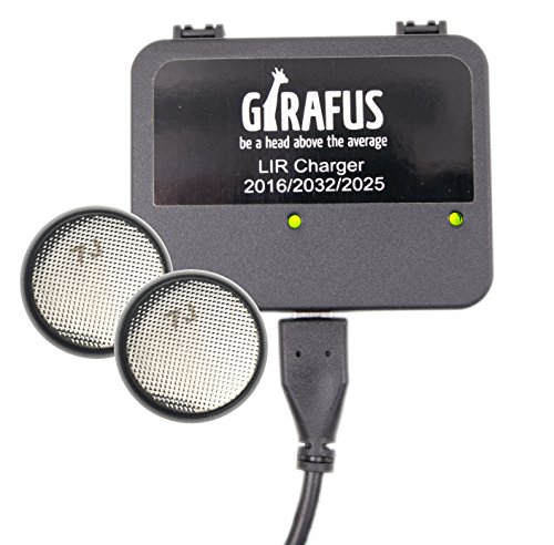 Girafus Knopfzellen Ladegerät für LIR-2032/2016 2025 Akkus USB Batterieladegerät inklusive 2X LiR2032 3.7Volt Akkus (ersetzen CR2032 Batterien) Akkuladegerät