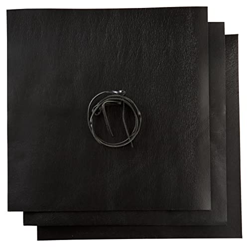 Schwarze Lederblätter für Lederhandwerk – Vollnarben-Büffelleder-Quadrate – ideal für Schmuck, Ledergeldbörsen, Kunst und Handwerk – inklusive 3 Bögen (30,5 x 30,5 cm) + Lederschnur (91,4 cm)