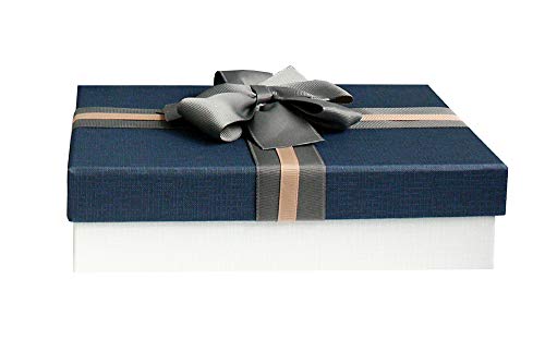 Emartbuy Starre Geschenkbox, 33,5 x 25 x 11,5 cm, cremefarbene Box mit blauem Deckel, gestreiftes Dekoband und 100 g geschreddertes Papier in creme