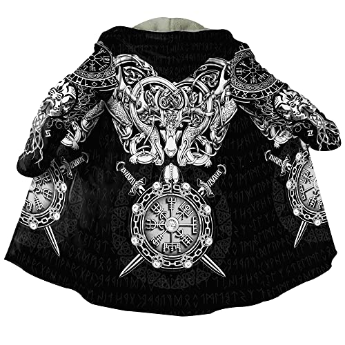 JHBTFQ Wikinger Tattoo Kostüm Herren Kleidung Kunstkaschmir Kapuzenmantel Nordischer Wintermantel Mittelalter Ritter Wärmere Jacke,Helm of awe,3XL