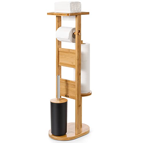 Yorbay Stand WC-Garnitur aus Bambus , mit Toilettenpapierhalter und WC-Bürstenhalter/Smartphone Ablage/Toilettenbürste/Klorollenhalter